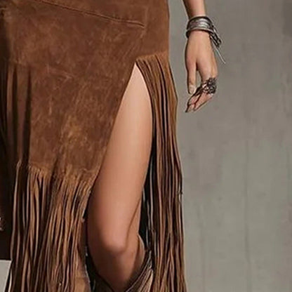 Women's Fashion Patchwork Maxi Skirt With Fringe Hem And High Side Slit Western Style Boho Skirt For Vacation