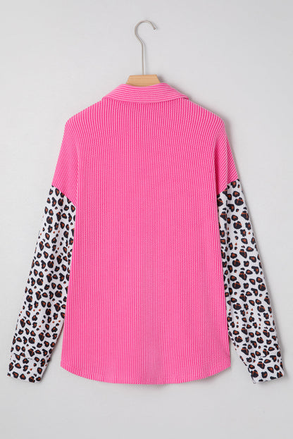 Rose Red Leopard Patched Twisted Ribbed Western Casual Shacket