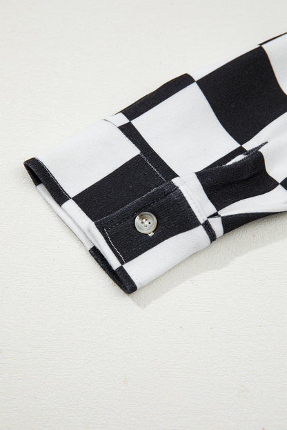 Black Checkerboard Flap Pocket Button Front Shacket