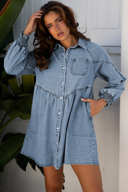Beau Blue Smocked Cuffs Flared Denim Shirt Mini Dress