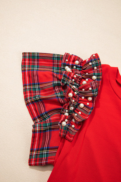 Racing Red Plaid Pearl Ruffle Short Sleeve Loose T Shirt