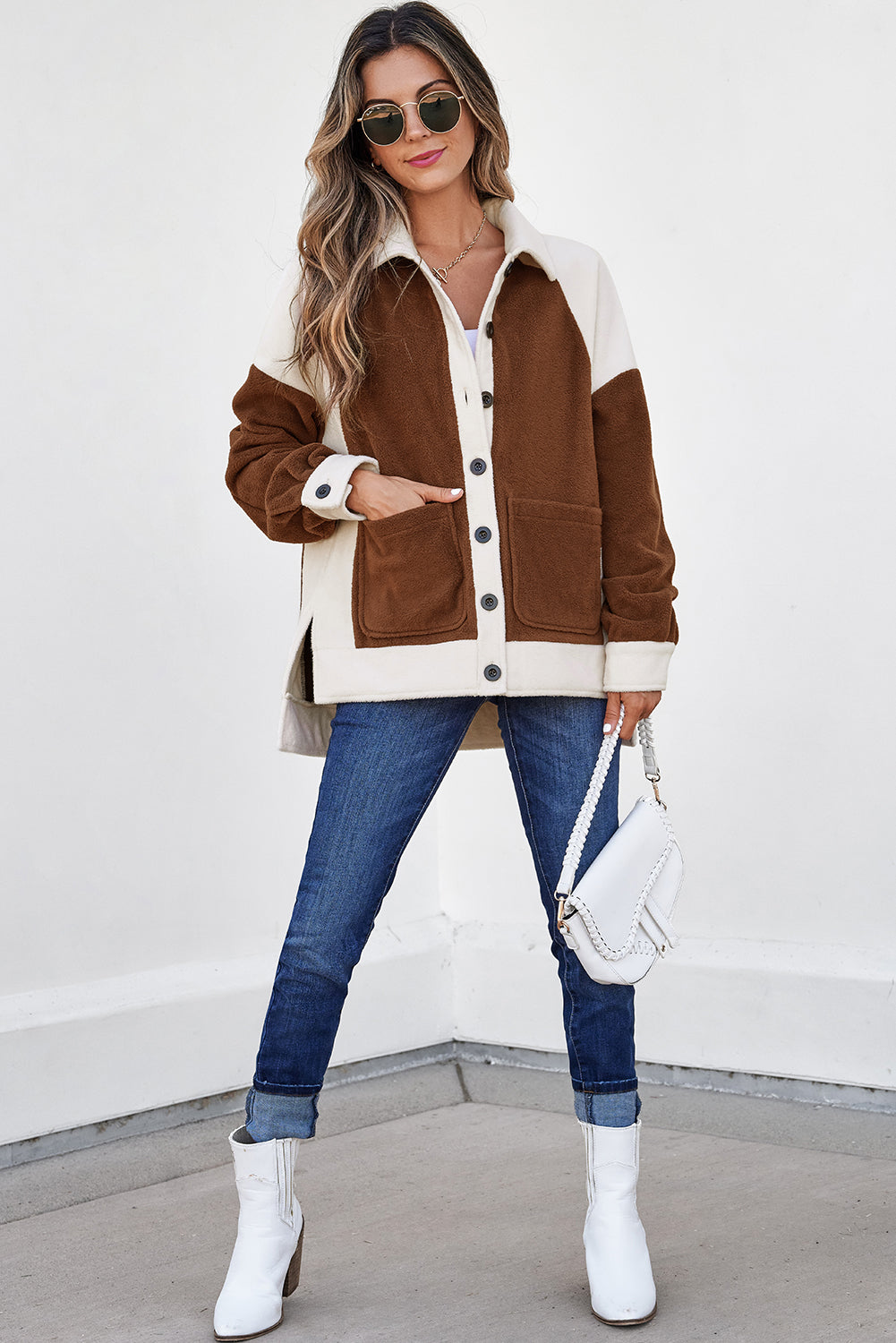 Brown Color Block Patchwork Button Down Fleece Shacket