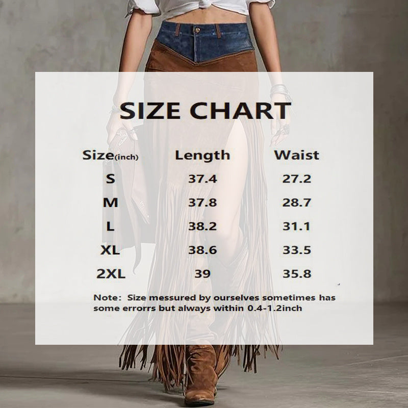 Women's Fashion Patchwork Maxi Skirt With Fringe Hem And High Side Slit Western Style Boho Skirt For Vacation