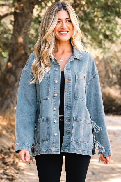 Beau Blue Multi Patched Pockets Side Tie up Boyfriend Style Denim Jacket