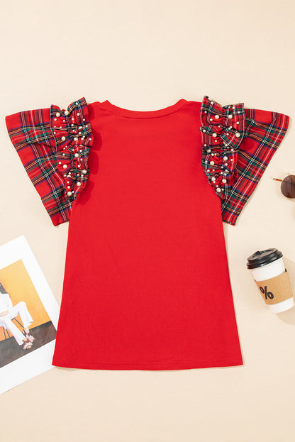 Racing Red Plaid Pearl Ruffle Short Sleeve Loose T Shirt