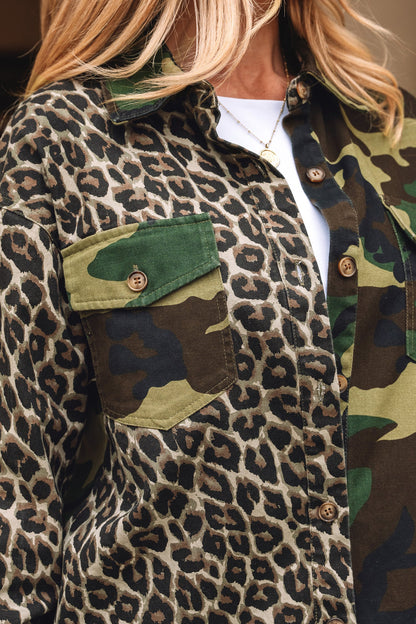 Brown Leopard Camo Patchwork Oversize Shacket