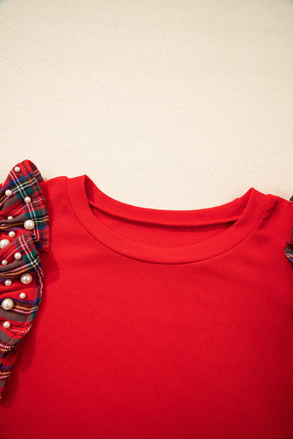 Racing Red Plaid Pearl Ruffle Short Sleeve Loose T Shirt