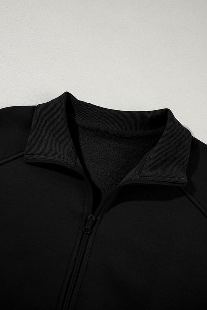 Black Drop Shoulder Zip Up Jacket Drawstring Pants Active 2pcs Set