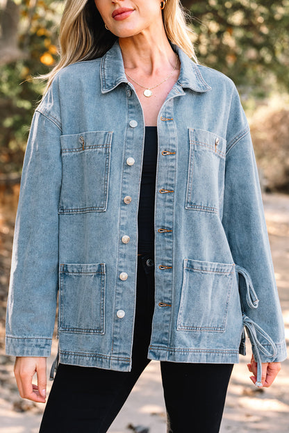 Beau Blue Multi Patched Pockets Side Tie up Boyfriend Style Denim Jacket