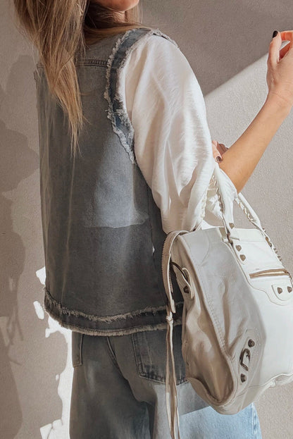 Beau Blue Frayed Edge Flap Pockets Denim Vest Jacket