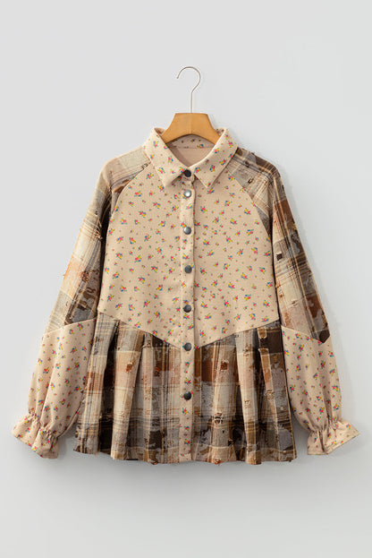 Oatmeal Boho Floral Plaid Patchwork Distressed Detail Ruffled Sleeve Waffle Knit Shacket