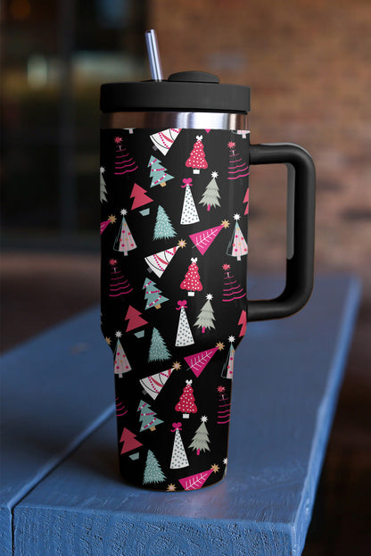 Black Cartoon Christmas Tree Printed Thermos Cup 40oz