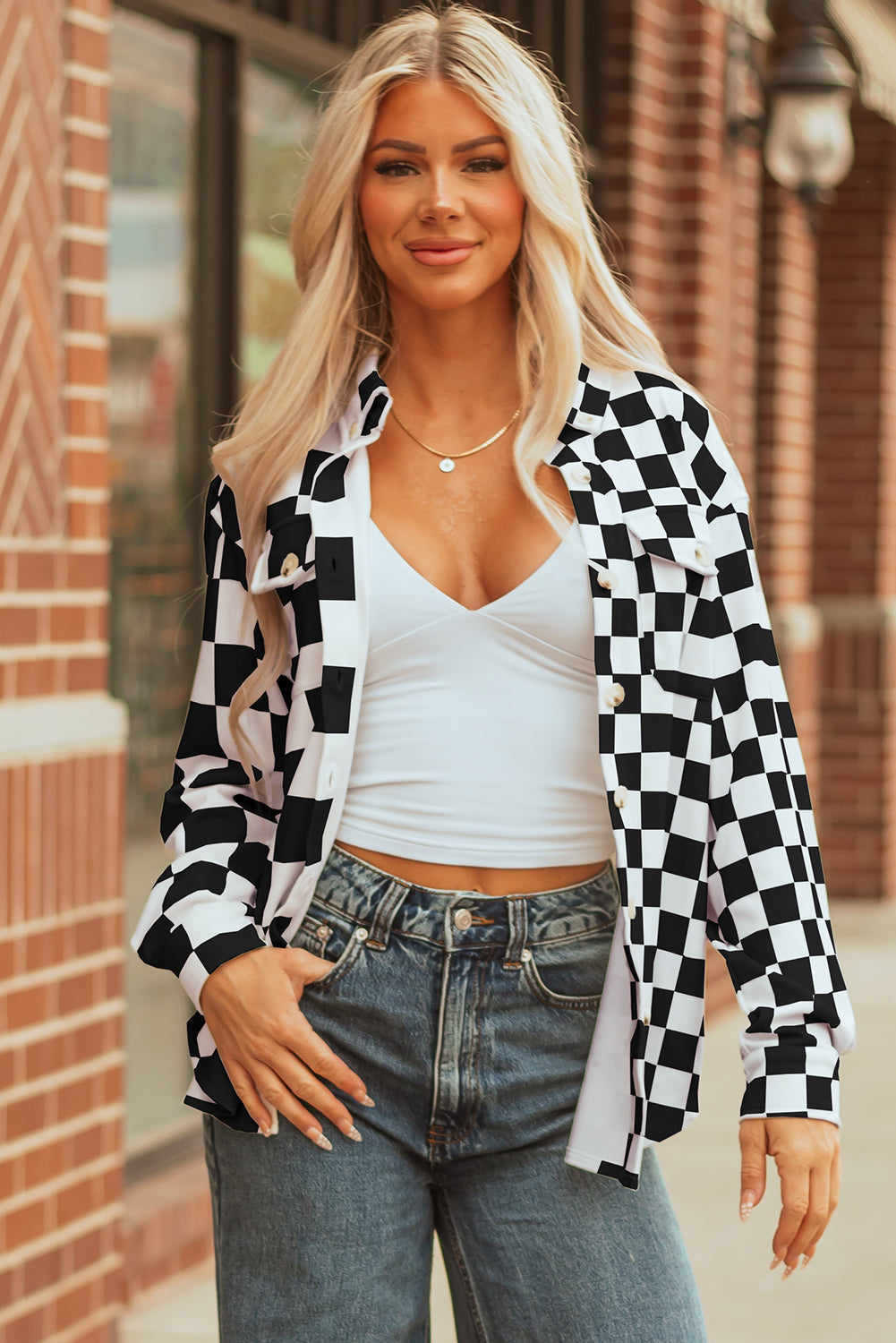 Black Checkerboard Flap Pocket Button Front Shacket