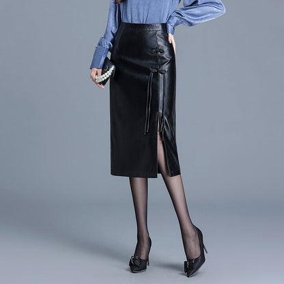 Autumn and winter PU hip hugging half body leather skirt for women