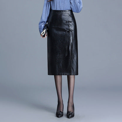 Autumn and winter PU hip hugging half body leather skirt for women