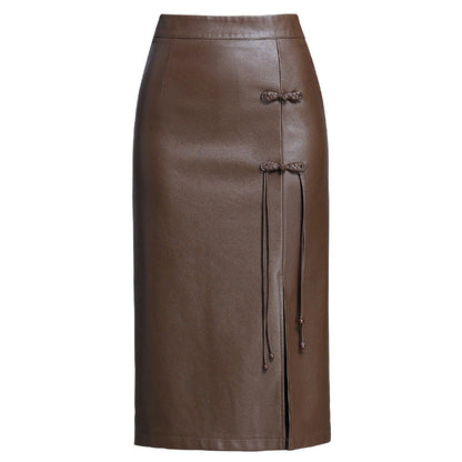 Autumn and winter PU hip hugging half body leather skirt for women