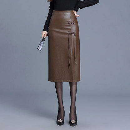 Autumn and winter PU hip hugging half body leather skirt for women