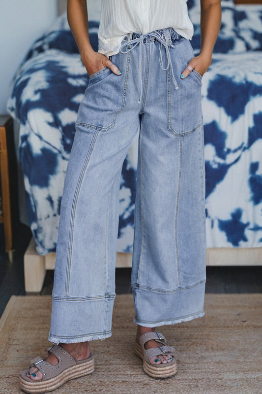 Beau Blue Drawstring Seam Detail Raw Hem Wide Leg Denim Pants