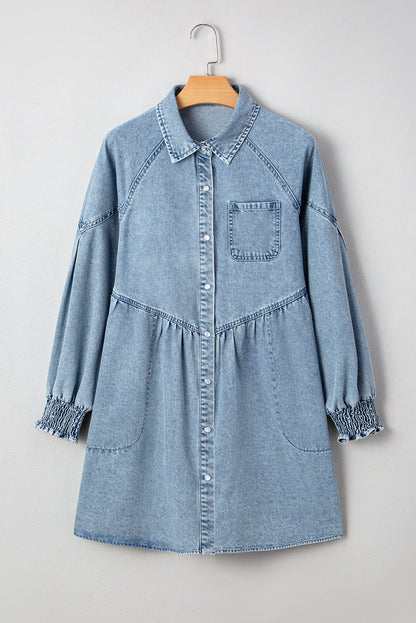 Beau Blue Smocked Cuffs Flared Denim Shirt Mini Dress