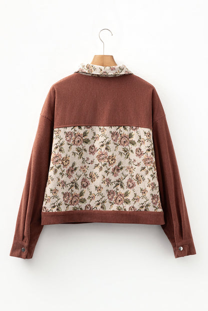 Clay Ribbed Retro Floral Patchwork Shirt Style Jacket