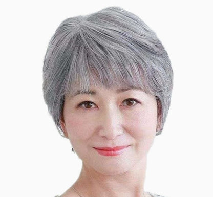 Women's Flower White Short Straight Top Old Flower White Mixed Human Hair Wigs