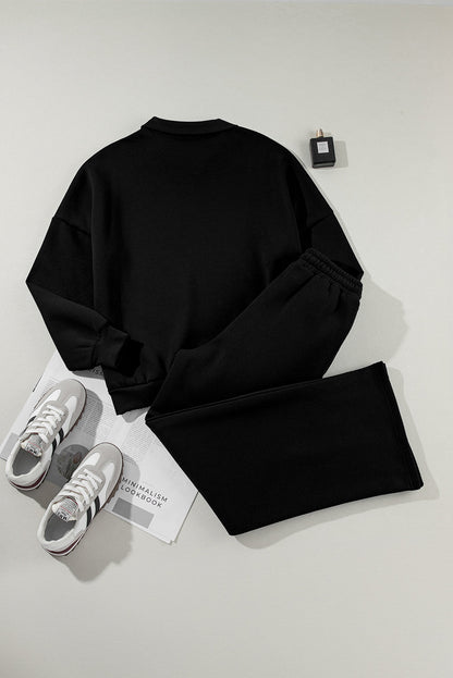 Black Drop Shoulder Zip Up Jacket Drawstring Pants Active 2pcs Set