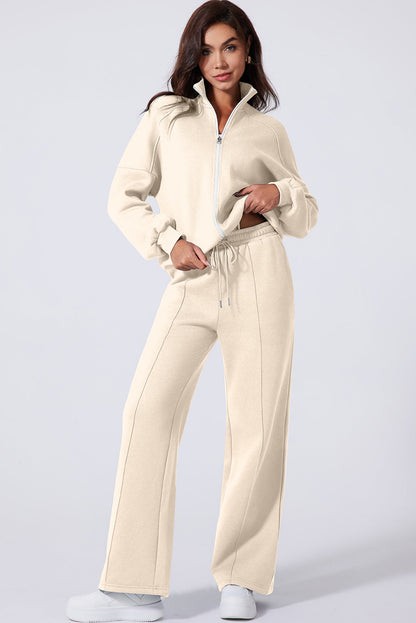 Beige Drop Shoulder Zip Up Jacket Drawstring Pants Active 2pcs Set