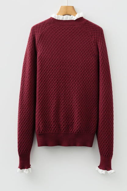 Burgundy Contrast Lace Frilled Trim Raglan Sleeve Sweater